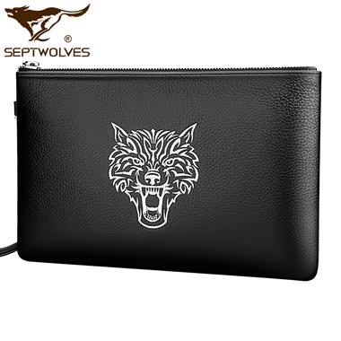 七匹狼真皮狼头男手包大容量信封包头层牛皮手拿包商务潮手抓男包拉链